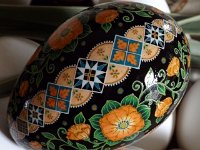 Peach Floral Ukrainian Easter Egg Pysanky By So Jeo : Pysanky pysanka ukrainian ukraine easter egg batik art shell floral flowers leaves vines stars diamonds blooms birds peach pink magenta blue purple green yellow gold sojeo